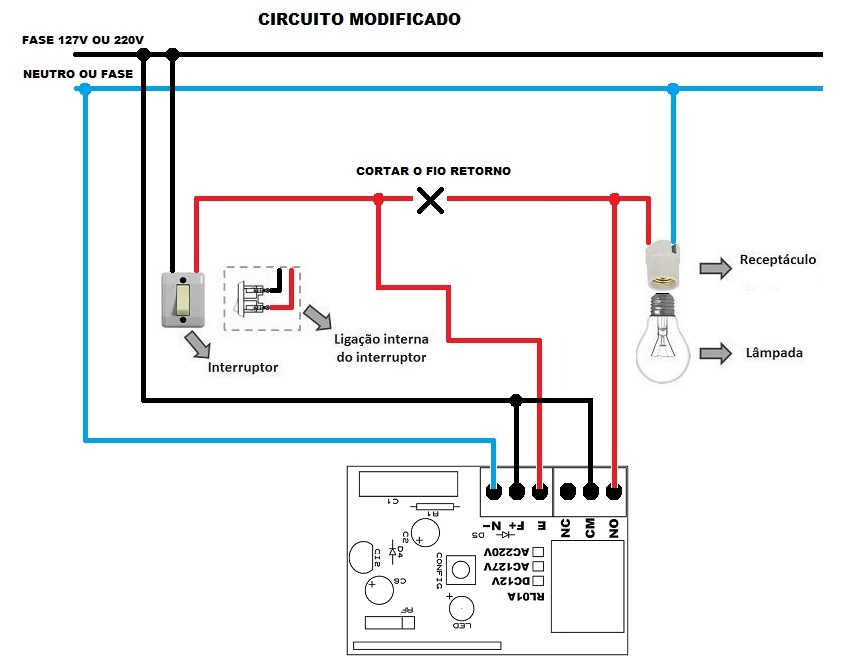 Controle remoto 2 botões + Módulo relê 1 canal RF 433Mhz BIVOLT 127V 220V com entrada para interr...