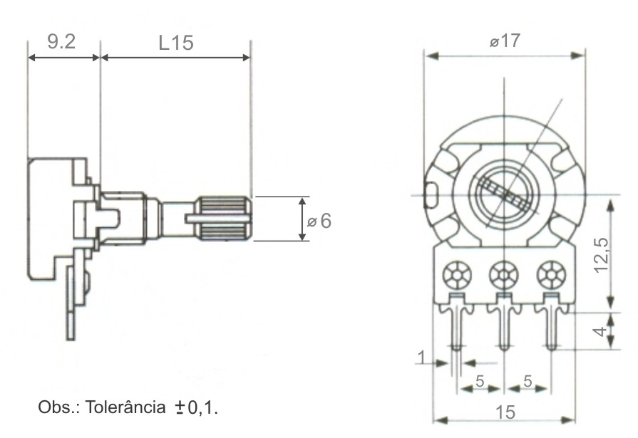 Potenciômetro Linear Mini 10K L15 3 Terminais sem chave (WH148-1)