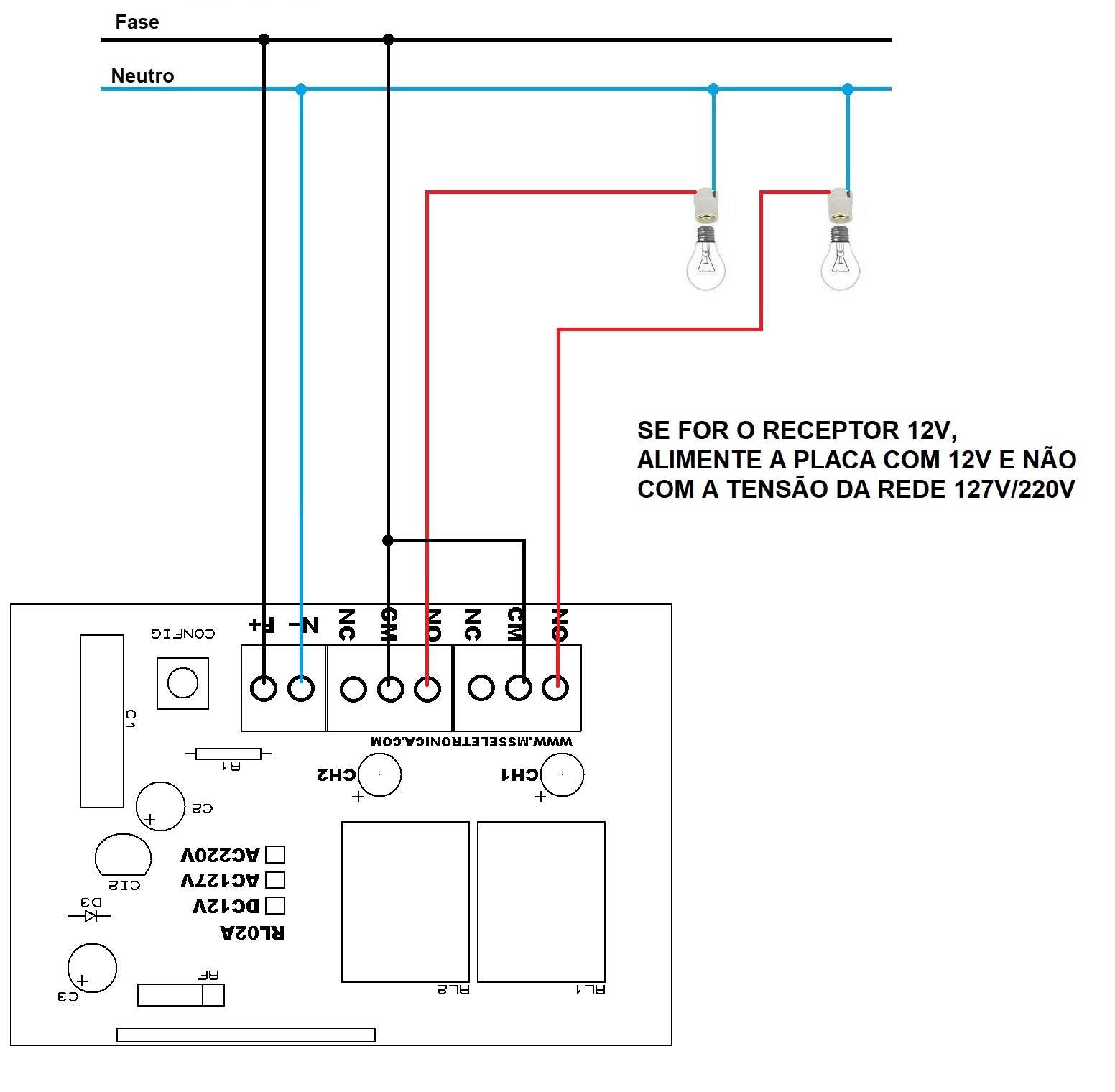 Kit controle remoto 3 botões + 1x Módulo de relês receptor RF 433Mhz de 2 canais RL02A 12V