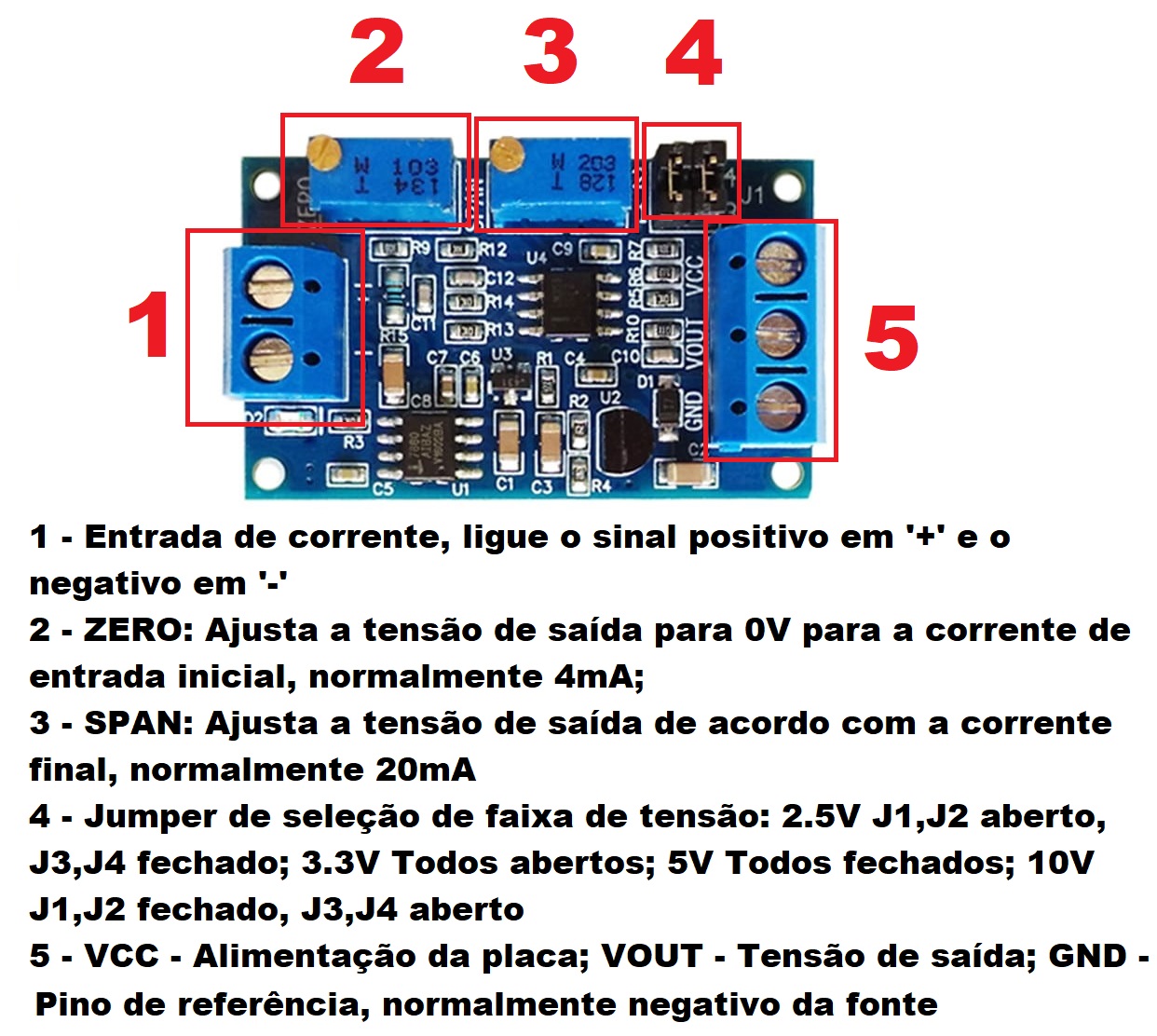 Módulo conversor de corrente 4-20mA para tensão 0~2.5V, 3.3V, 5V, 10V ajustável