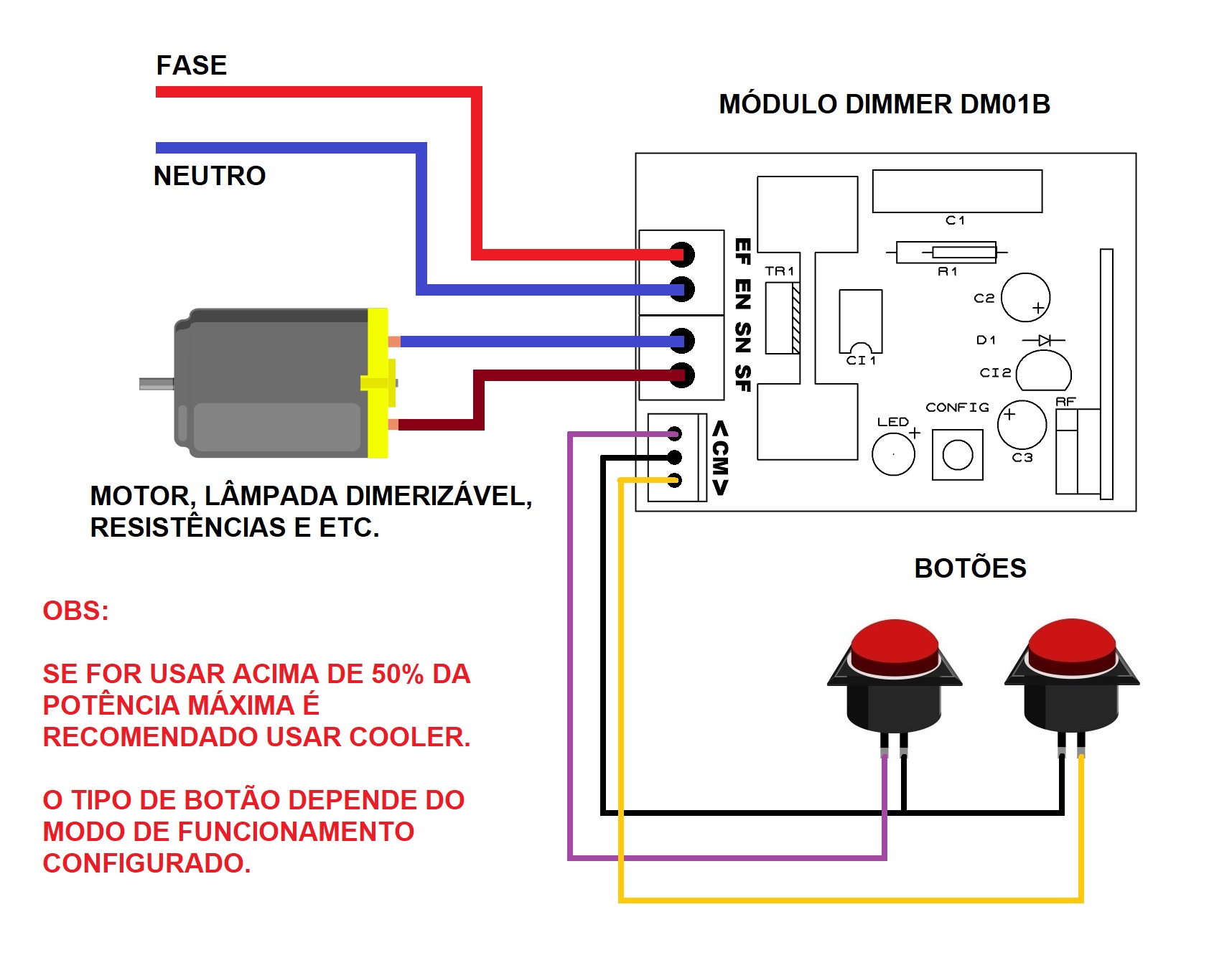 Módulo dimmer alta potência CA RF 433Mhz 1 canal bivolt - DM01B - 1000W em 127V - 2000W em 220V