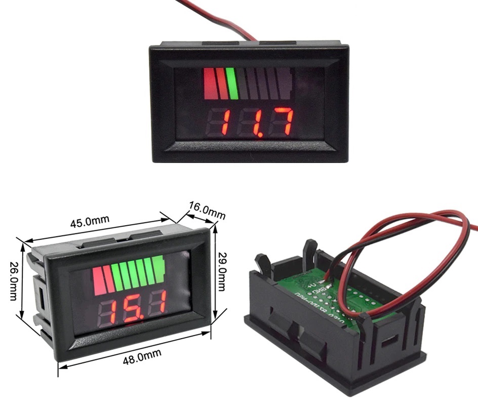 Voltímetro digital medidor de baterias 12V para painel com indicador em barras - Vermelho