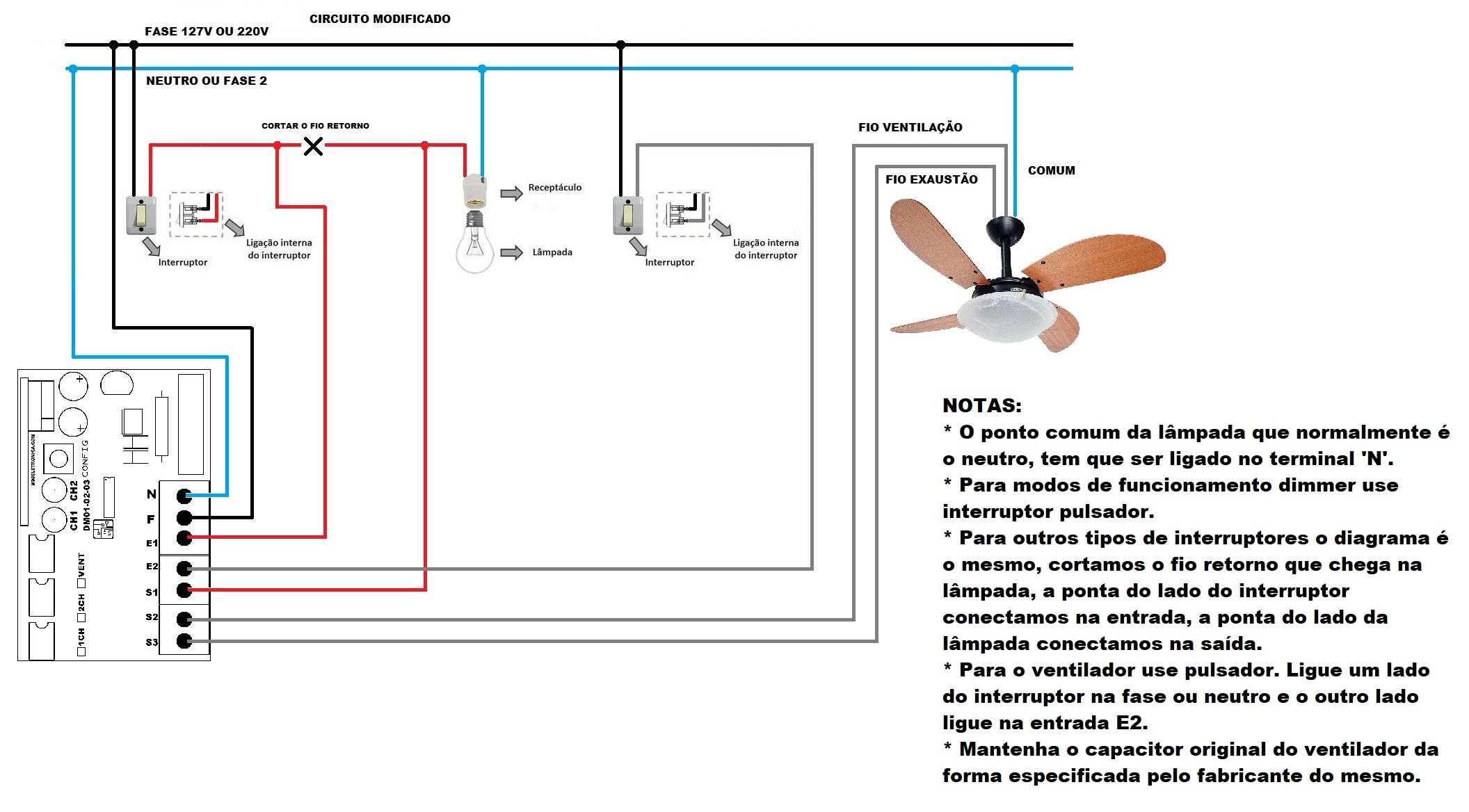 Módulo Dimmer para lâmpada e ventilador de teto para automação residencial RF 433Mhz bivolt com ...