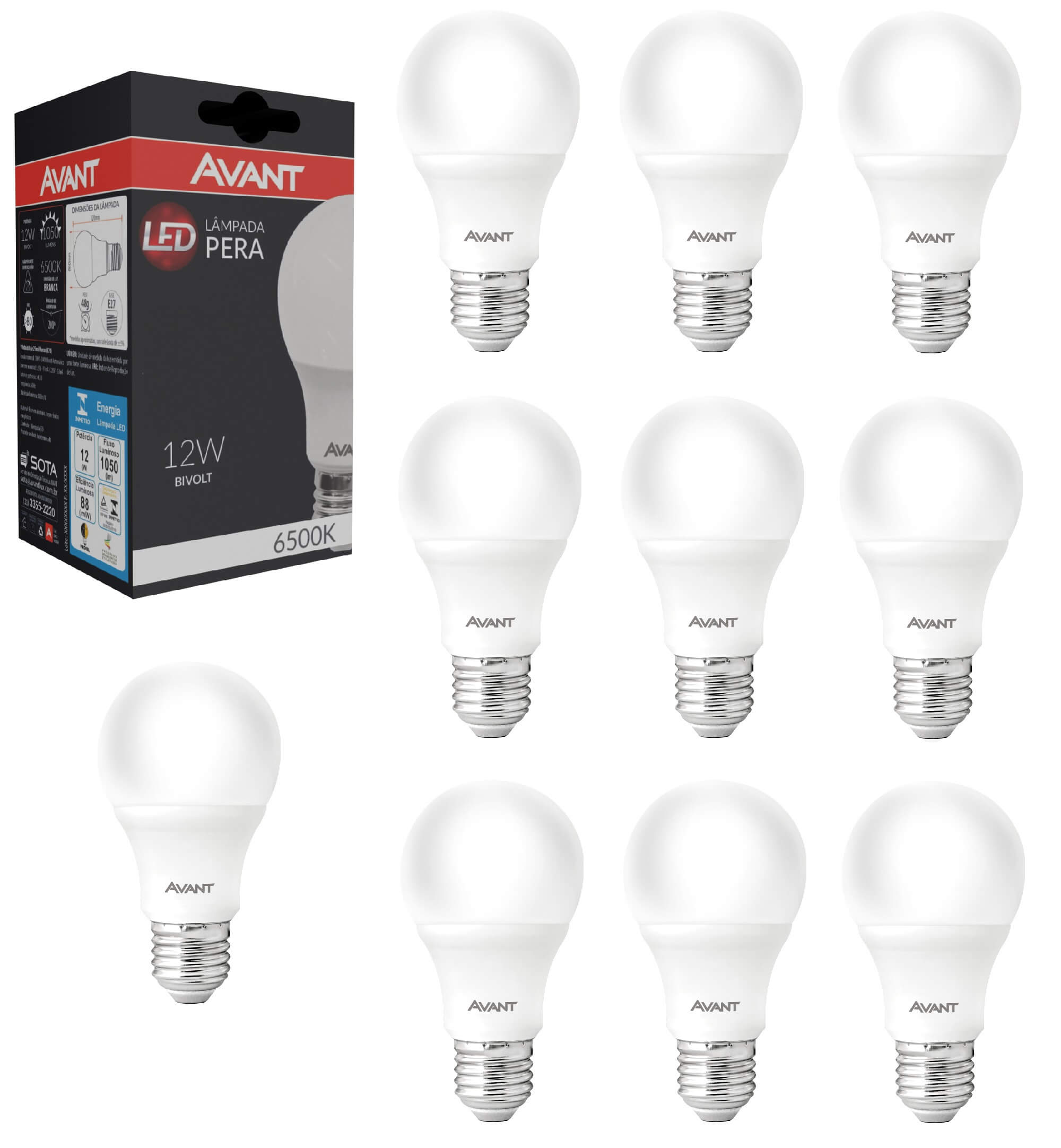 KIT 10 x Lâmpada Pera LED Bulbo A60 12W 6500K bivolt Branco frio E-27 AVANT