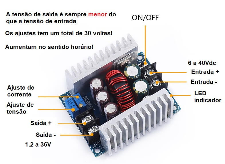 Módulo conversor DC-DC Step-down ajustável 20A 300W 6-40V para 1.2-36V