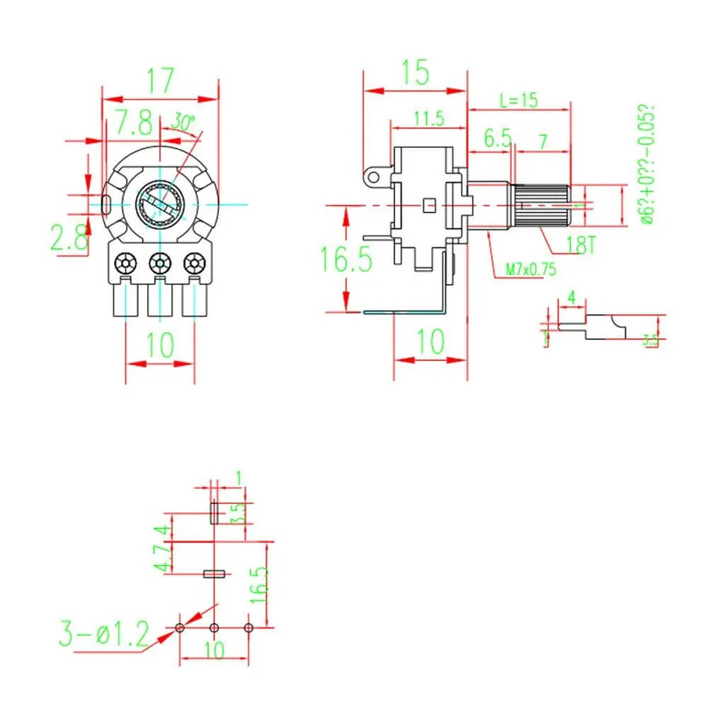 Kit 10x  Potenciômetro linear 10K L15 com chave WH148