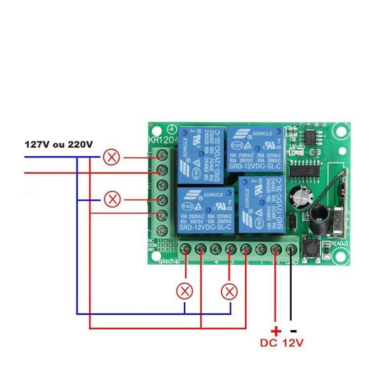 Módulo relê receptor 4 canais 12V KR1204 com controle remoto RF 433Mhz