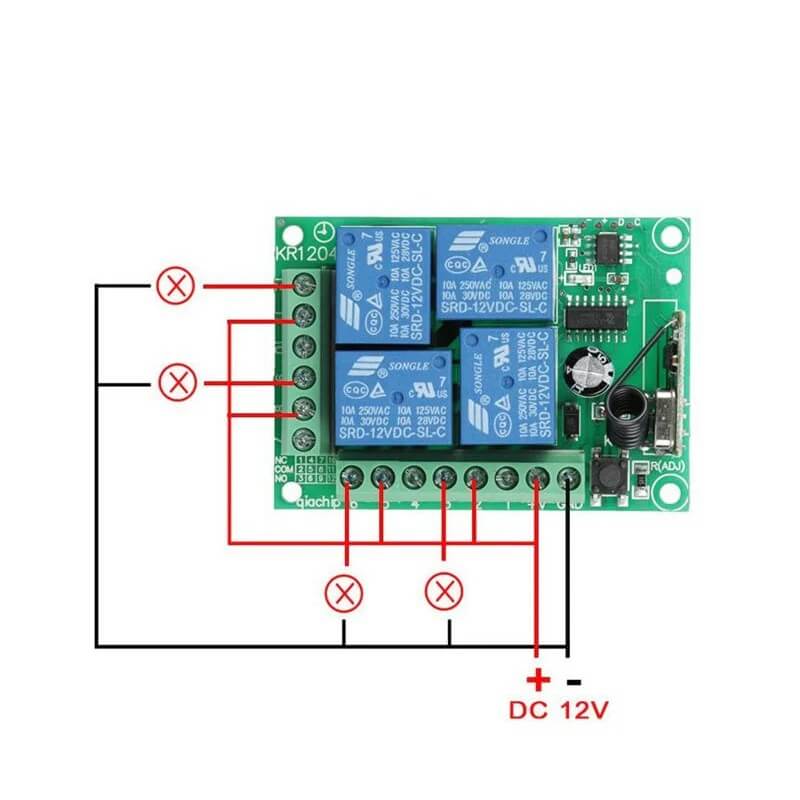 Módulo relê receptor 4 canais 12V KR1204 com controle remoto RF 433Mhz