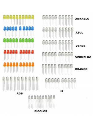 Kit  130 LEDs 5mm - verde vermelho azul branco amarelo laranjado fosco e alto brilho - infravermelho...